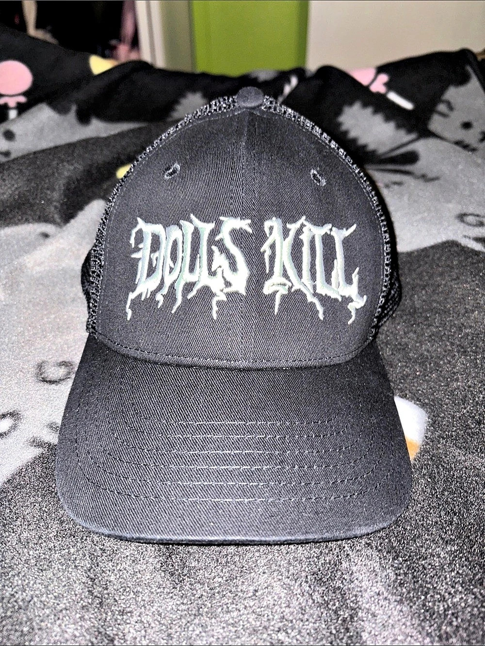 Dolls Kill Embroidered Logo Script Trucker Hat Cap Black